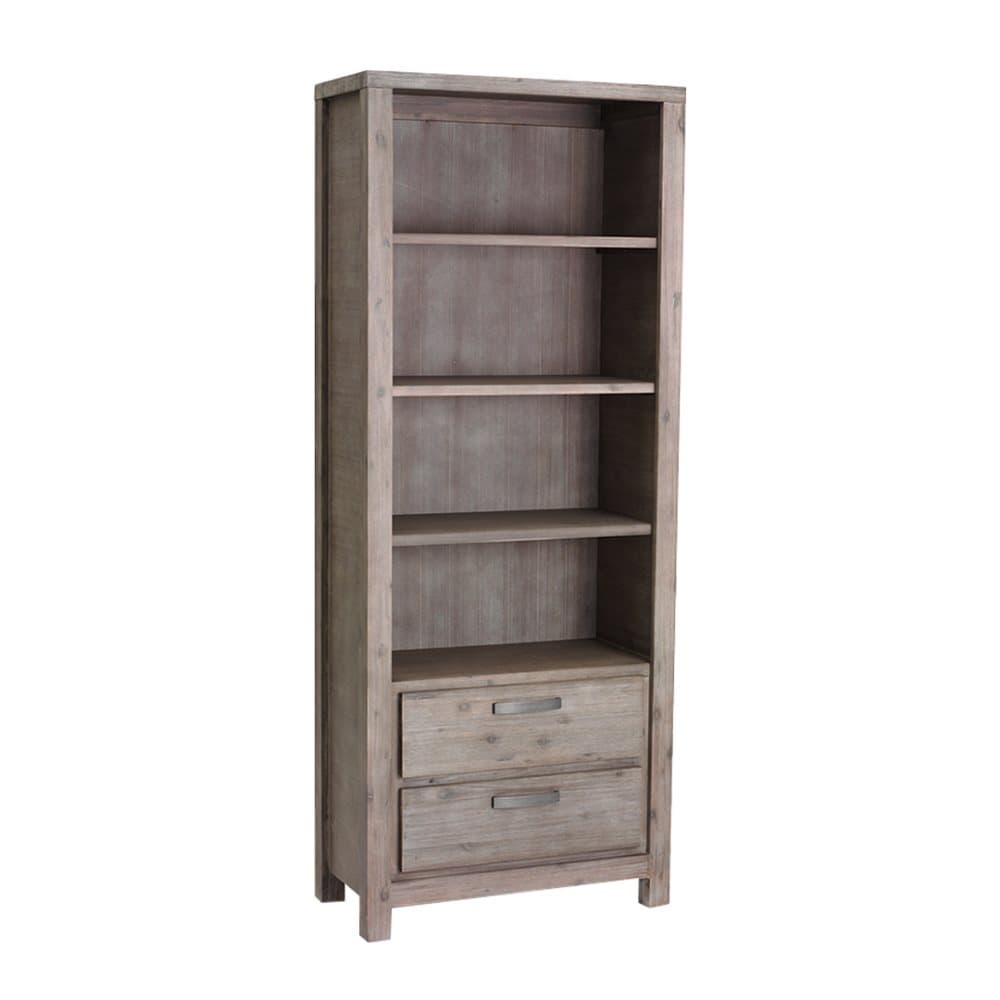 Alana bokhylla med 4 hyllor och 2 lådor, brunbetsad akacia. Levereras monterad.