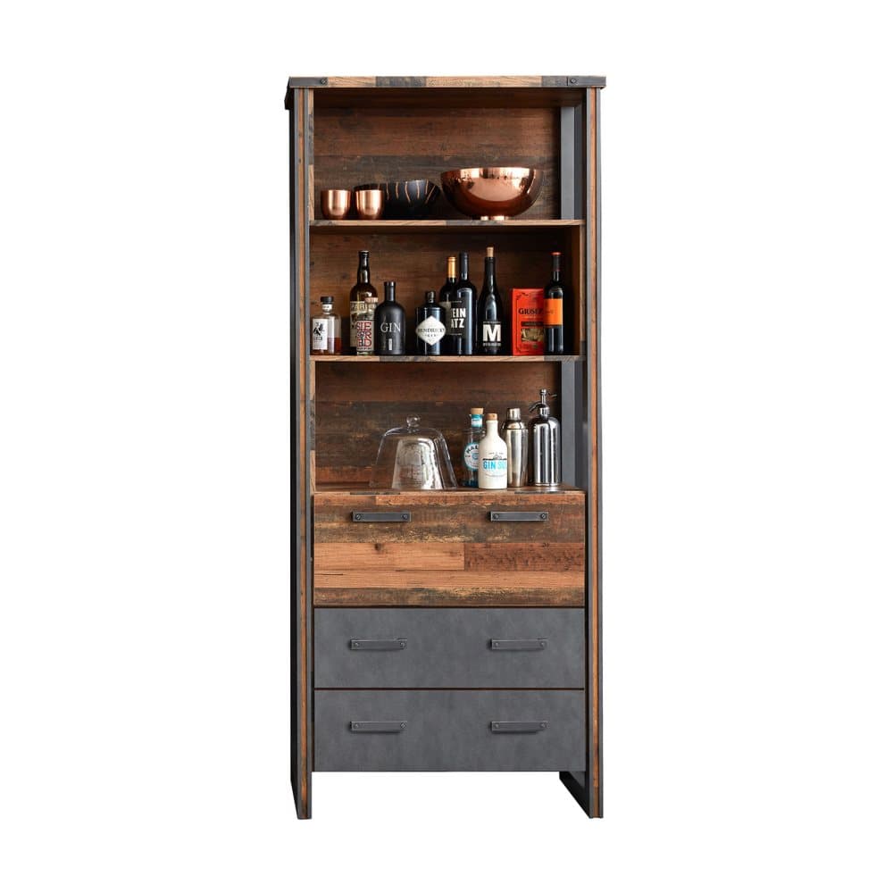 Prip bokhylla 2 lådor, 3 hyllor och 1 klaffdörr, gammalt trä-look, trämönstrad.