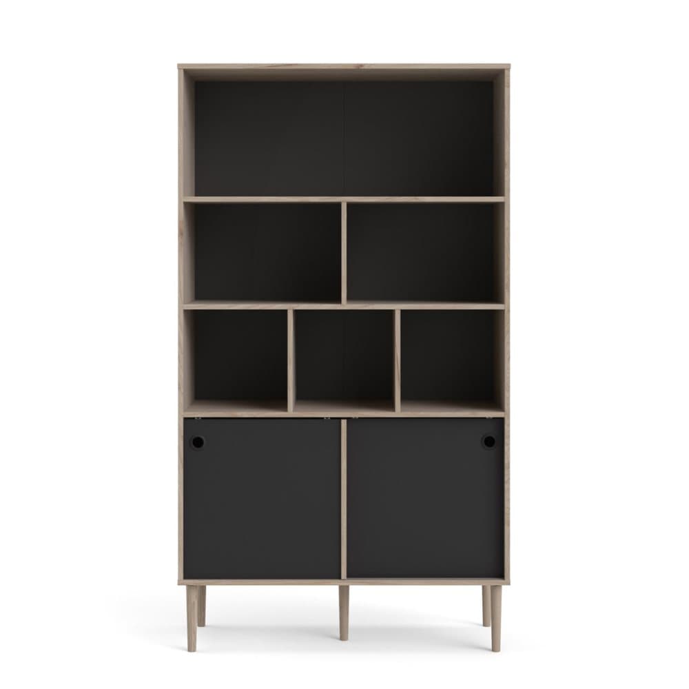 Rome bokhylla 2 skjutdörrar och 6 fack hickorymönstrad och mattsvart.