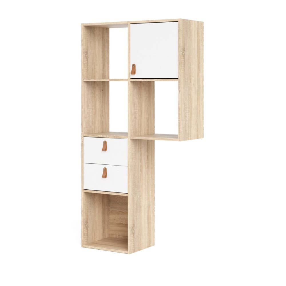 Fula bokhylla med 1 dörr, 2 lådor ekmönstrad och vit.