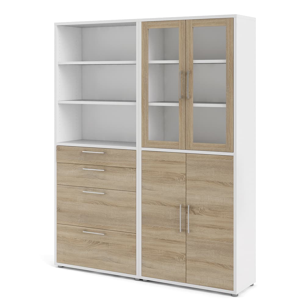 Prisme kontorshylla 2 hyllor, 4 lådor, 2 glasdörrar och 2 trädörrar, vit, ekmönstrad