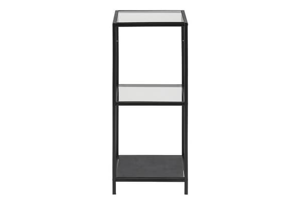 Sea reol imed 2 hylder i klar glas og sort metal.