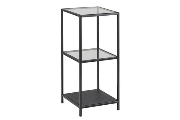 Sea reol imed 2 hylder i klar glas og sort metal.