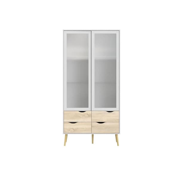 Napoli vitrine med 2 dører og 4 skuffer hvit/eik dekor/massiv eik.