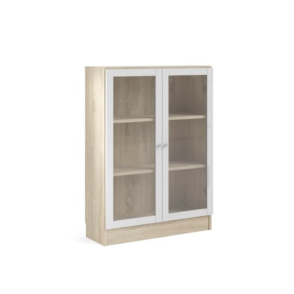 Base reol 2 glassdører eik struktur dekor, hvit.