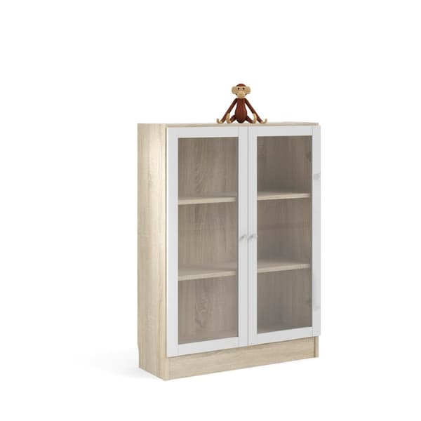 Base reol 2 glassdører eik struktur dekor, hvit.