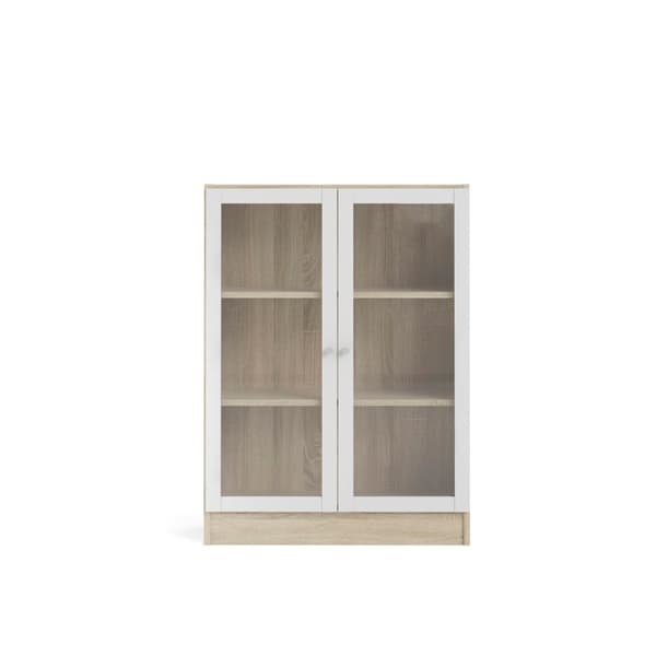 Base reol 2 glassdører eik struktur dekor, hvit.