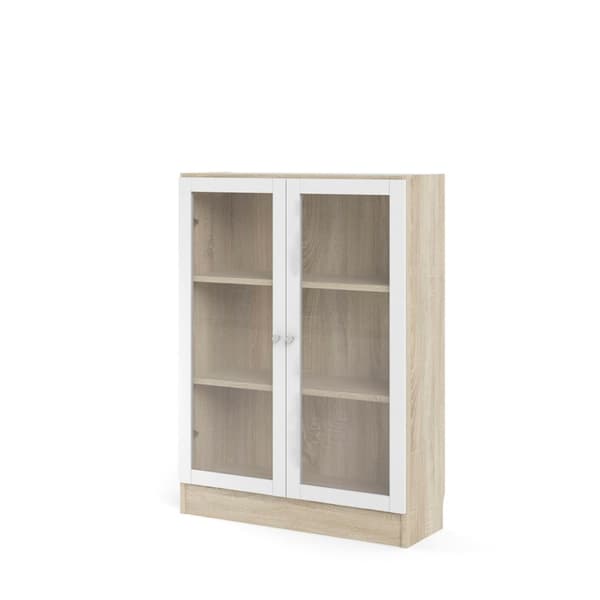 Base reol 2 glassdører eik struktur dekor, hvit.