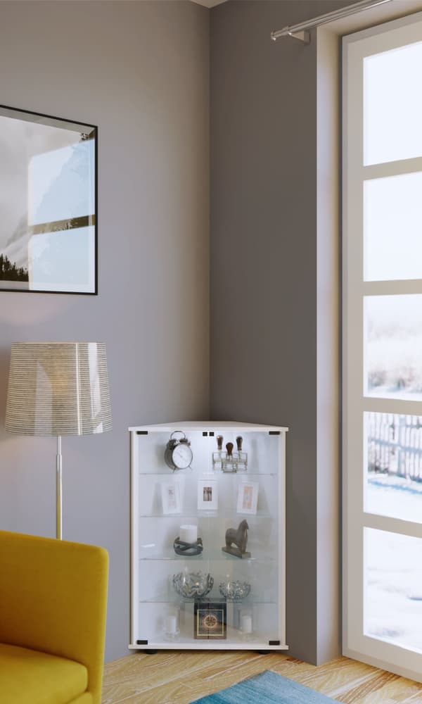 Jecka vitrineskap , hjørneskap med 2 glassdører og LED-lys hvit.