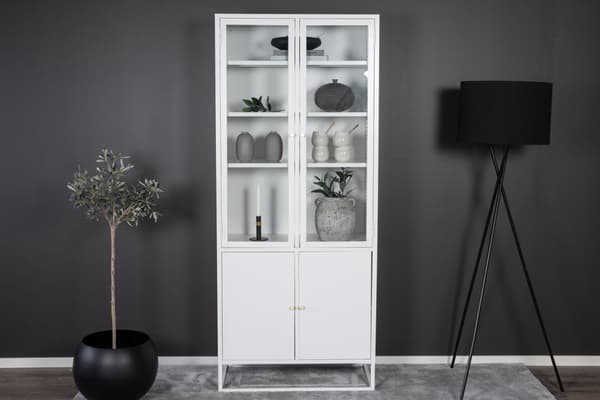 Bakal vitrineskap 4 glassdører, 5 hyller, hvit.