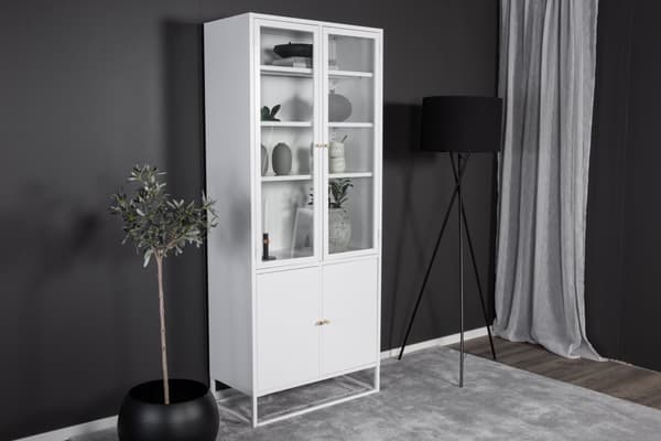Bakal vitrineskap 4 glassdører, 5 hyller, hvit.