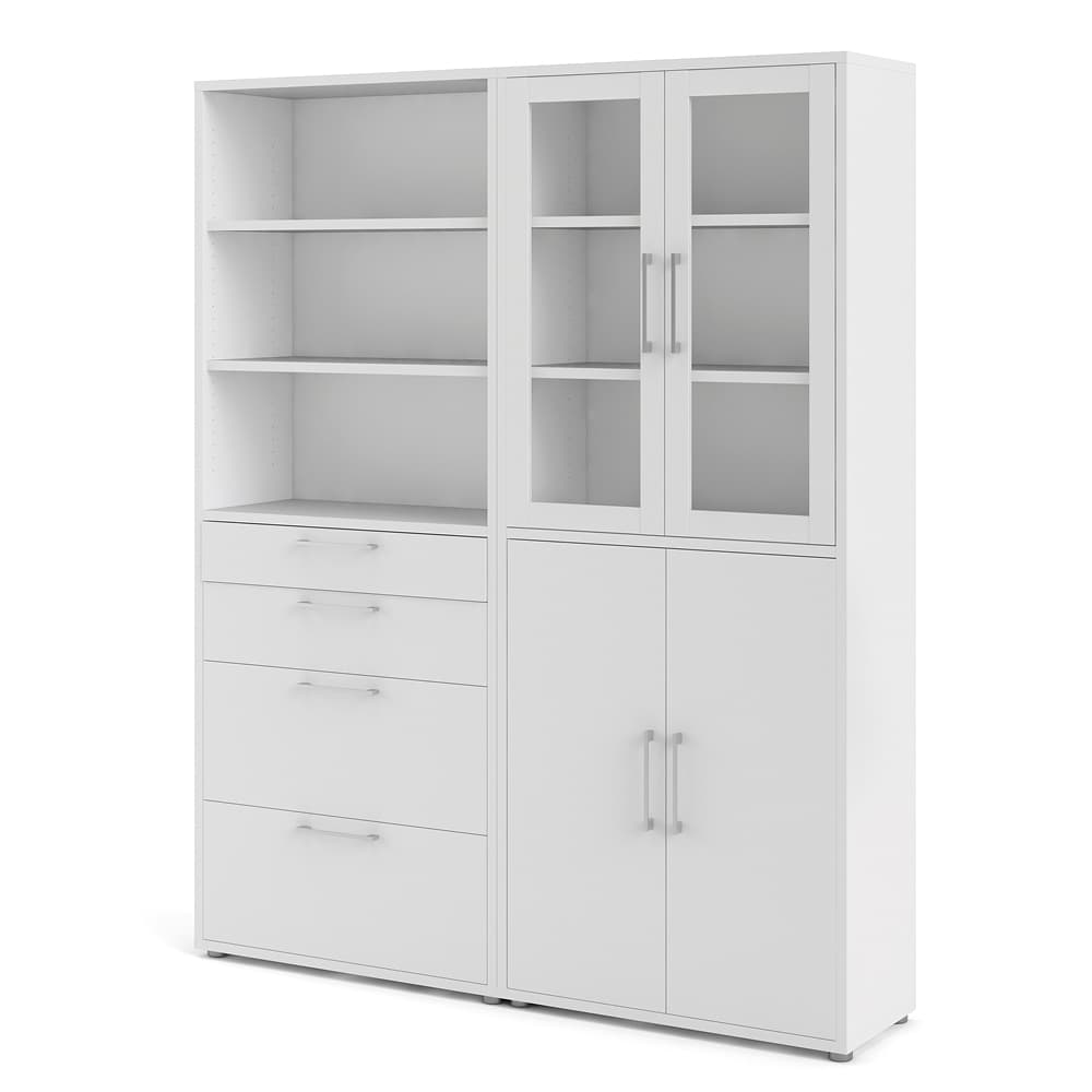 Prisme kontorshylla 2 hyllor, 4 lådor, 2 glasdörrar och 2 trädörrar, vit