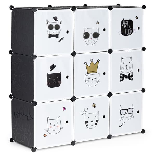 Leksaksskåp - 110x110x37 cm - 9 dörrar - svart, vit - kattungar