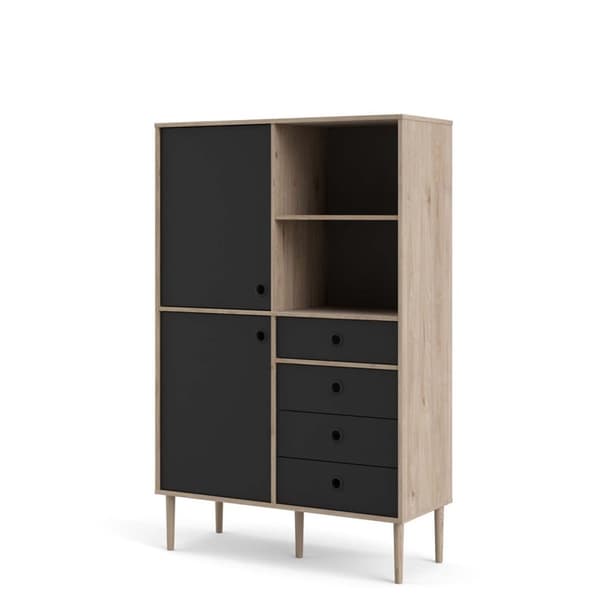Penny hylle 2 dører, 4 skuffer og 2 rom Hickory dekor og matt svart .
