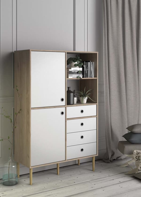 Penny hylle 2 dører, 4 skuffer og 2 rom Hickory dekor og matt hvit .