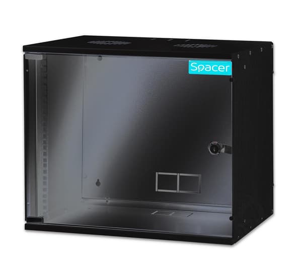 CABINET 19" SPACER    9U 515x400mm, fixare pe perete, Flatpack (dezasamblat),  Black, usa sticla cu blocare, otel 1.5mm, sarcina maxima 100Kg, "SPCW-9