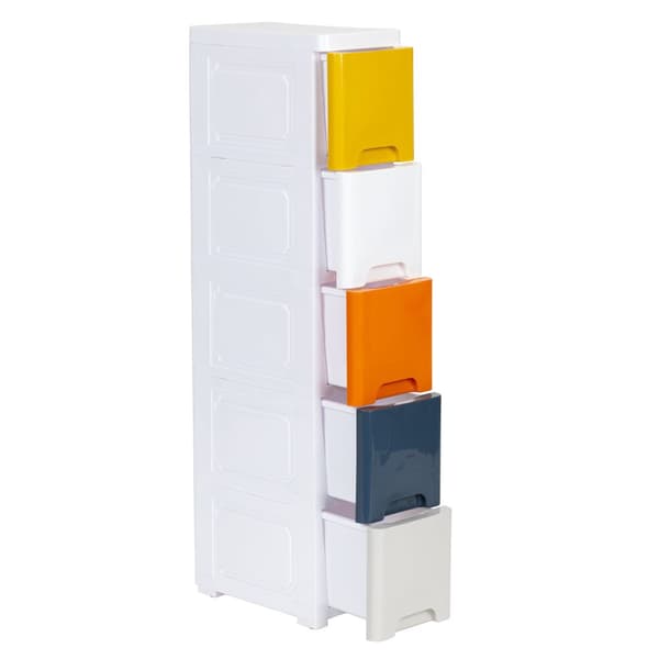 Skuffeskab - 83x32x18 cm - 5 skuffer - hvid, gul, blå, orange