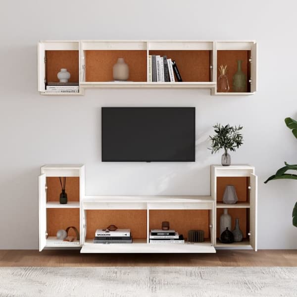 Tv-bänk 6 delar vit massiv furu