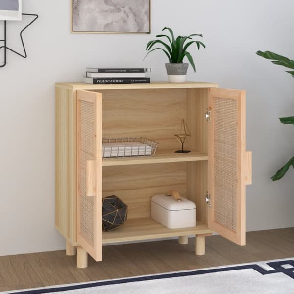 skænk 60x30x70 cm massivt fyrretræ og naturlig rattan brun