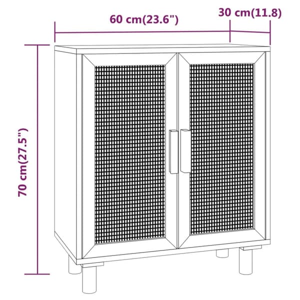 skænk 60x30x70 cm massivt fyrretræ og naturlig rattan brun