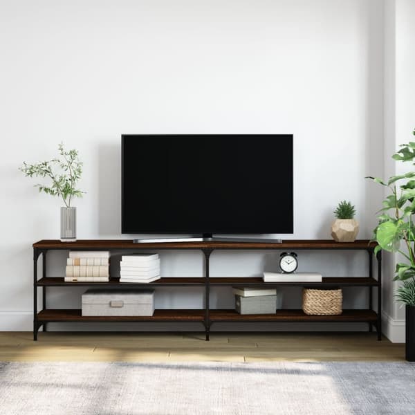 tv-bord 180x30x50 cm konstrueret træ og metal brun egetræsfarve