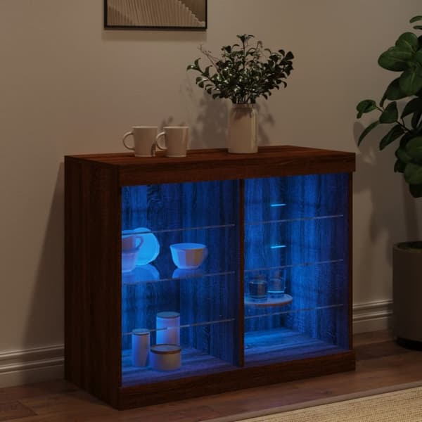 skænk med LED-lys 81x37x67 cm brun egetræsfarve