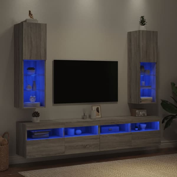 tv-borde 2 stk. med LED-lys 30,5x30x102 cm grå sonoma-eg