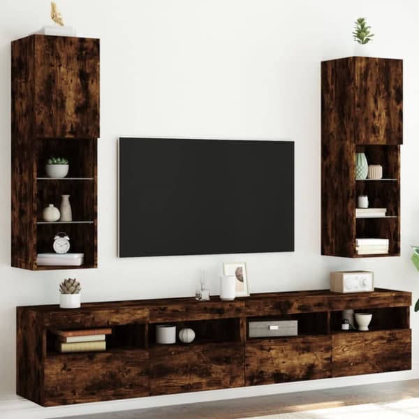 Tv-bänk med LED-belysning 2 st rökfärgad ek 30,5x30x102 cm