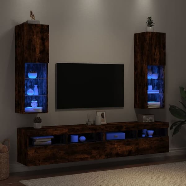 Tv-bänk med LED-belysning 2 st rökfärgad ek 30,5x30x102 cm
