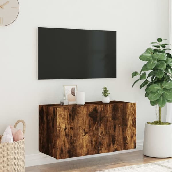 Väggmonterad tv-bänk LED rökfärgad ek 80x35x41 cm