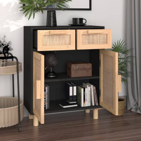 skænk 60x30x75 cm massivt fyrretræ og naturlig rattan sort