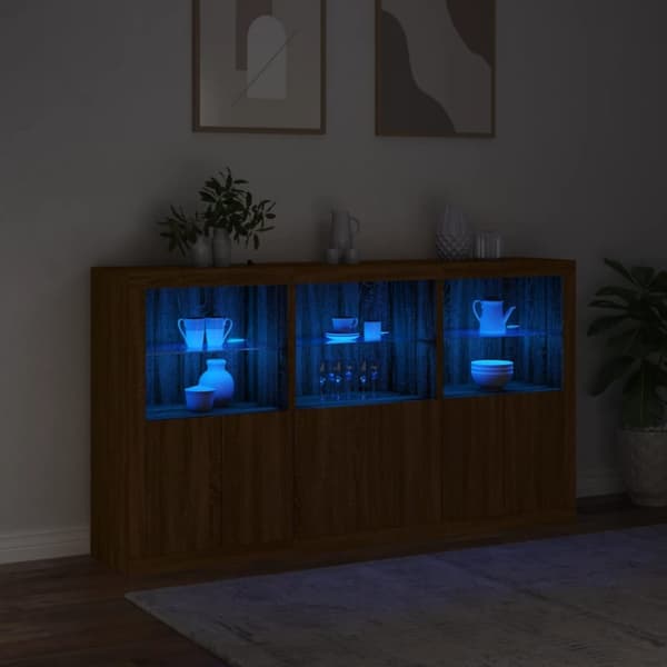 skænk med LED-lys 181,5x37x100 cm brun egetræsfarve
