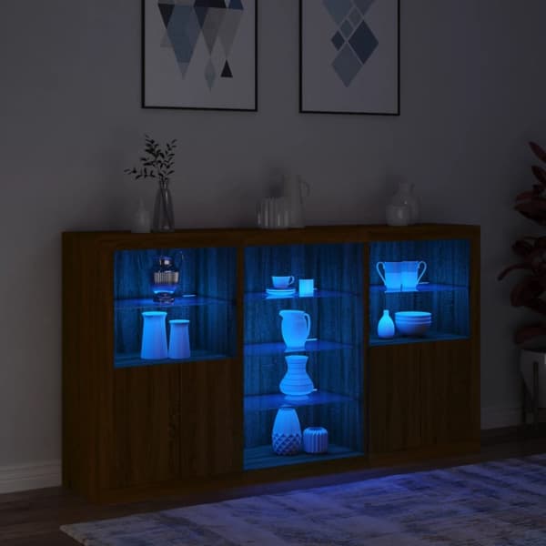 skænk med LED-lys 181,5x37x100 cm brun egetræsfarve