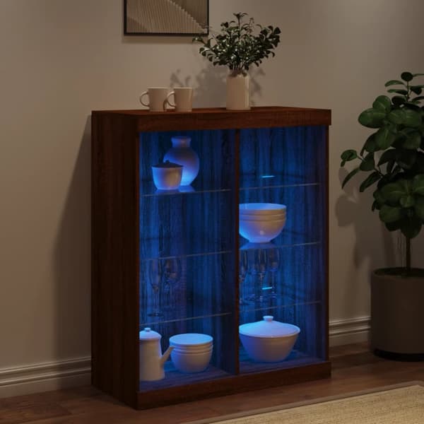 skænk med LED-lys 81x37x100 cm brun egetræsfarve