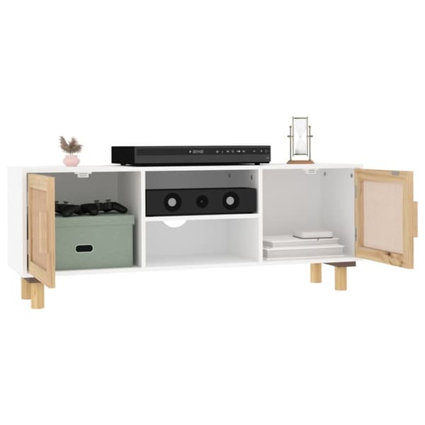 tv-bord 105x30x40 cm massivt fyrretræ og naturlig rattan hvid