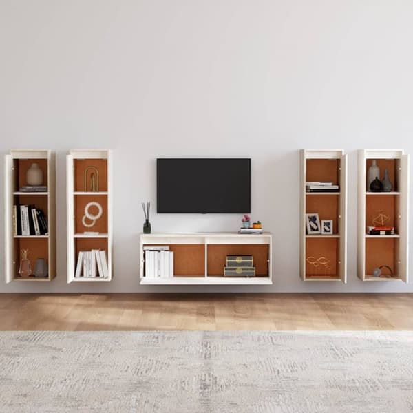 Tv-bänk 5 delar vit massiv furu