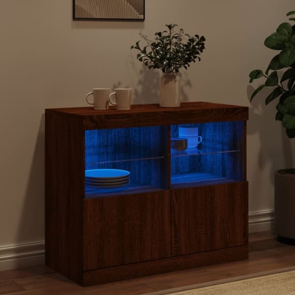 skænk med LED-lys 81x37x67 cm brun egetræsfarve