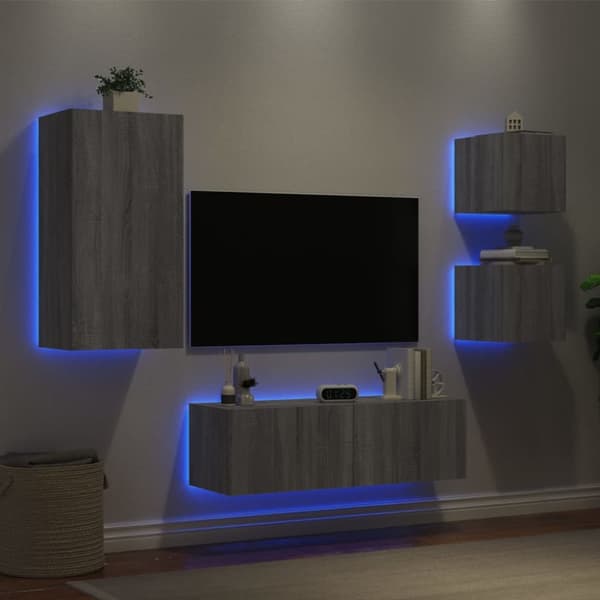4-osainen TV-seinäkaappisarja LED-valoilla harmaa Sonoma