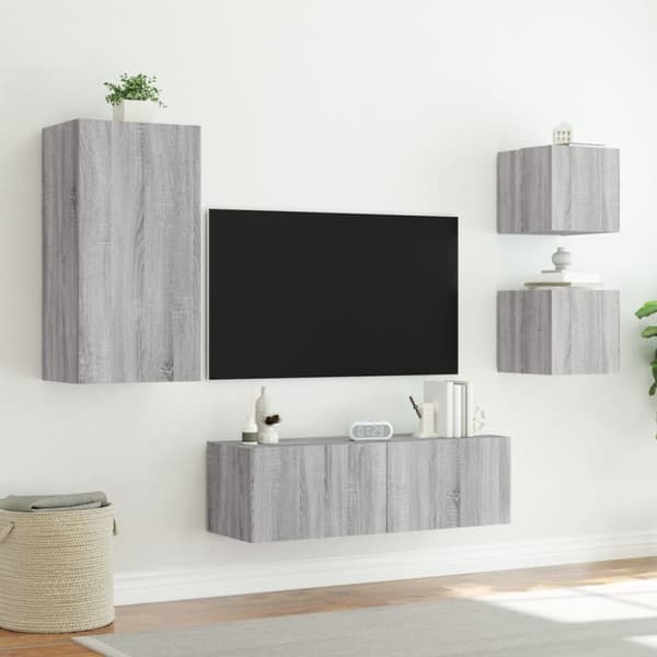 4-osainen TV-seinäkaappisarja LED-valoilla harmaa Sonoma