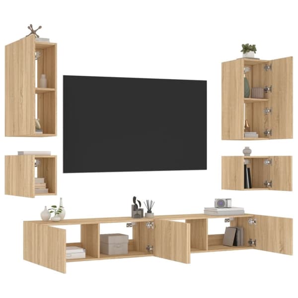 6-osainen TV-seinäkaappisarja LED-valoilla Sonoma-tammi