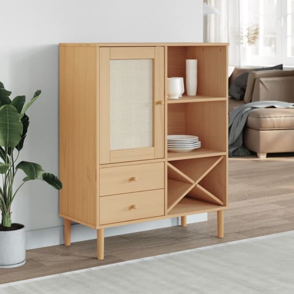 skænk SENJA 90x40x112 cm rattan-look massivt fyrretræ brun