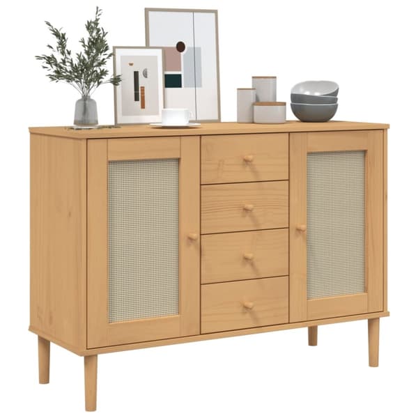 skænk SENJA 112x40x80 cm rattan-look massivt fyrretræ brun
