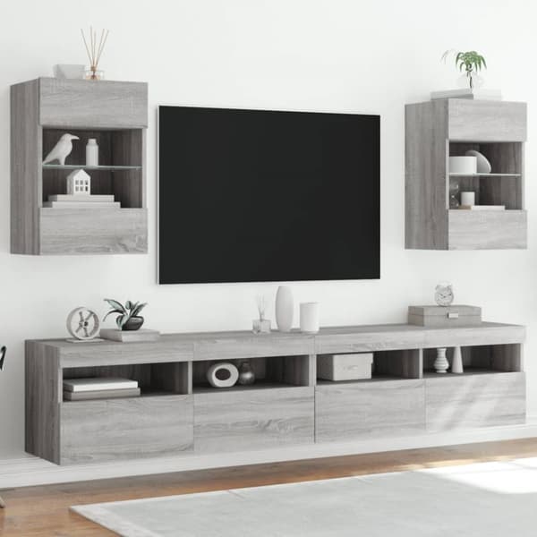 væghængte tv-borde 2 stk. med LED-lys 40x30x60,5 cm grå sonoma