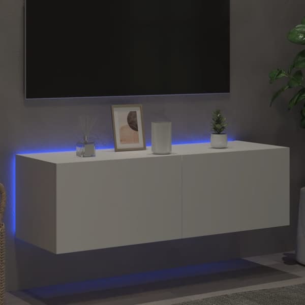 væghængt tv-bord med LED-lys 100x35x31 cm hvid
