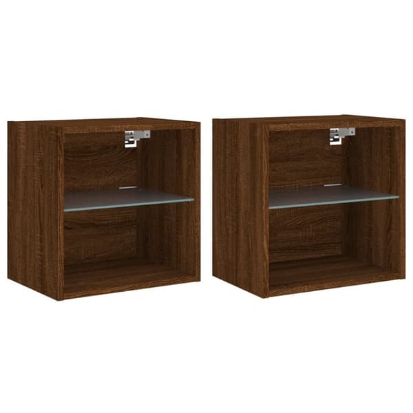 Väggmonterade sängbord med LED-lampor 2 st brun ek