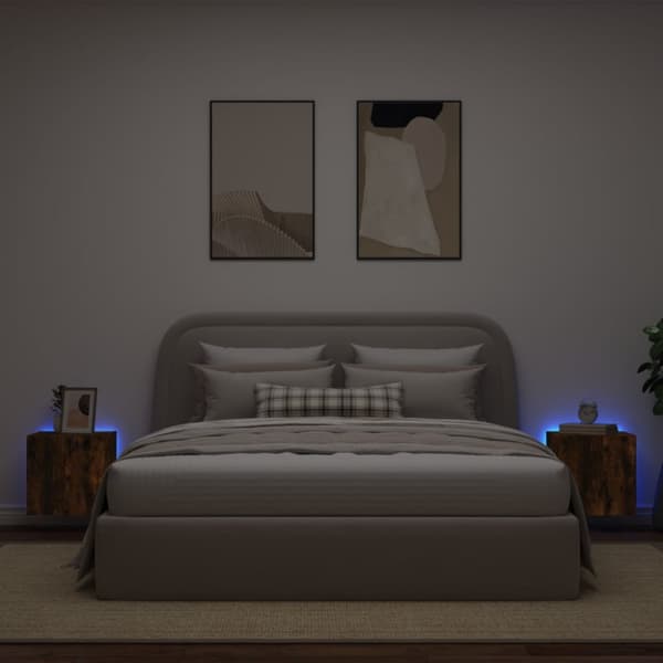 væghængte tv-borde 2 stk. med LED-lys 40,5x35x40 cm røget eg