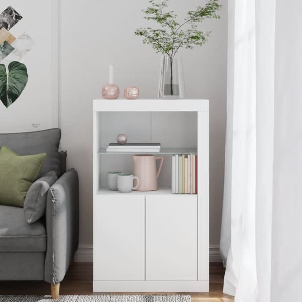 skab med LED-lys konstrueret træ hvid