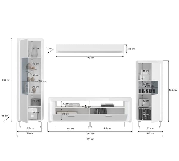 Skylight hylle system 4 deler med lys høyglans hvitt, hvit, glass grå.