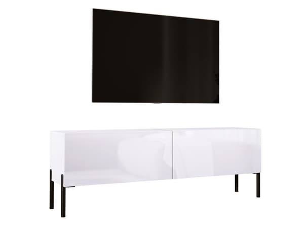 TV -kaappi valkoisessa matta/valkoinen kiiltävä jalat mustalla, A: B: 140 cm, H: 52 cm, T: 32 cm