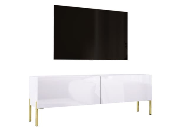 TV -kaapin valkoinen matta/valkoinen kiiltävä jalat kullassa, A: B: 140 cm, H: 52 cm, T: 32 cm